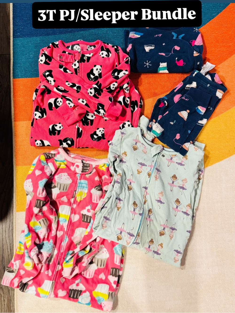 3T Kids Pajama Sleeper Bundle - Pink Panda, Cupcake & Ballerina Prints